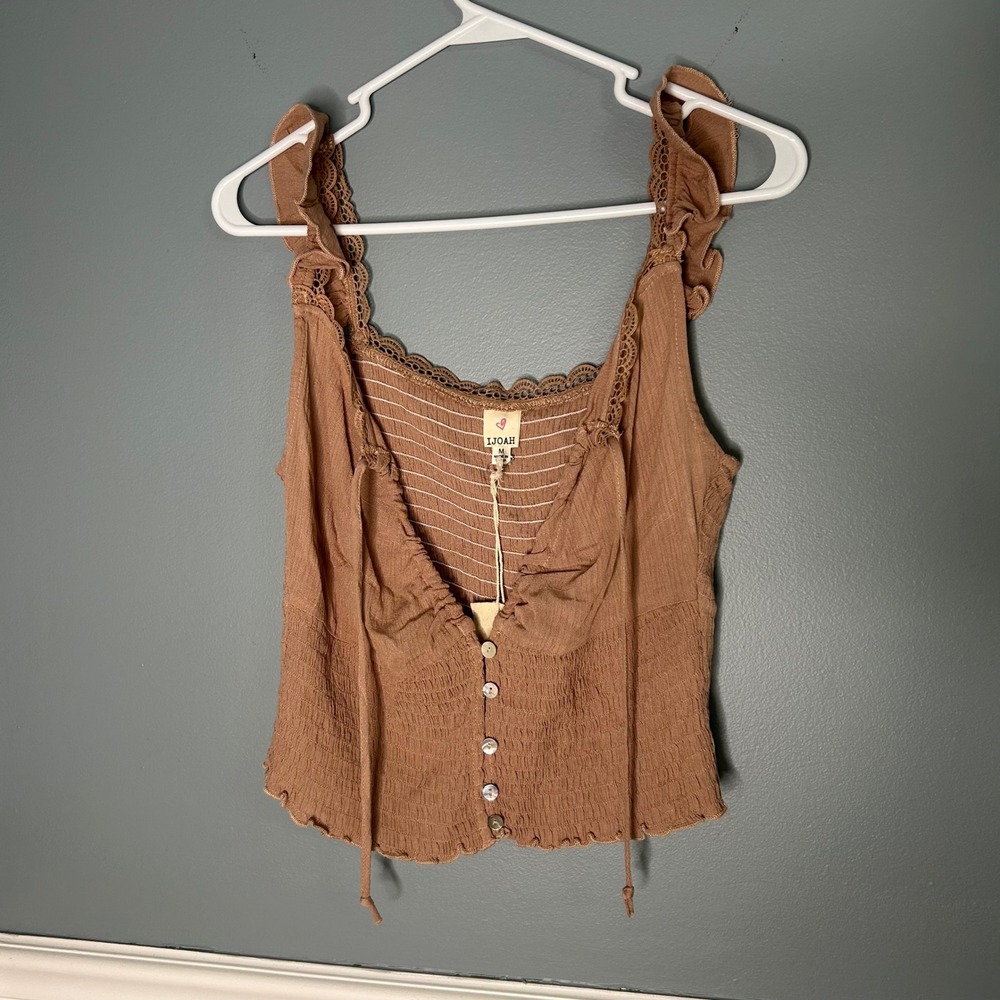 IJOAH Womens Smocked Ruffle Crop Top Terracotta hippie Lace Trim Size M NEW